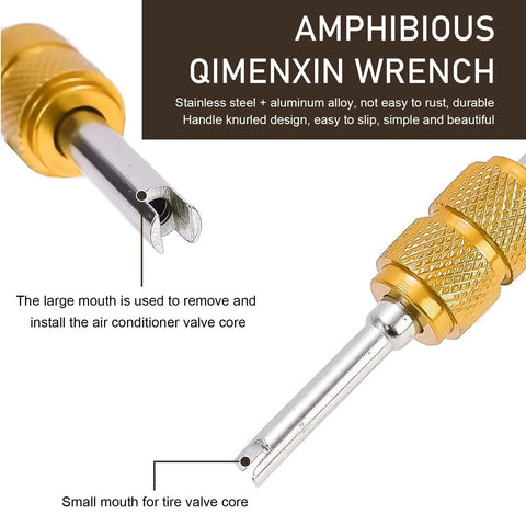 Complete 16 Piece Air Conditioning Valve Core Kit With Caps, Valve Stems, And R134A Cores; wrench detail with knurled handle