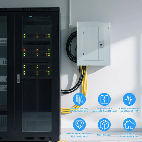 Built Different 12 Space 125A Main Lug Load Center With 120V 240V Circuit Breaker Panel Indoor Steel Enclosure mounted on wall.