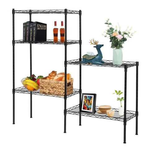 Hassle Free Five Tier Floor Standing Carbon Steel Storage Rack With Heavy Duty Adjustable Wire Shelving Rig and Sturdy Mesh Guardrails in home setting
