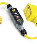Industrial Grade Heavy Duty Workhorse Gfci Outlet Box Featuring Rock Solid Flip Lids And Zero Drama Automatic Reset Powering Four Nema 5 20 Receptacles On A Job Site Ready Extension Cable with yellow plug and connector.