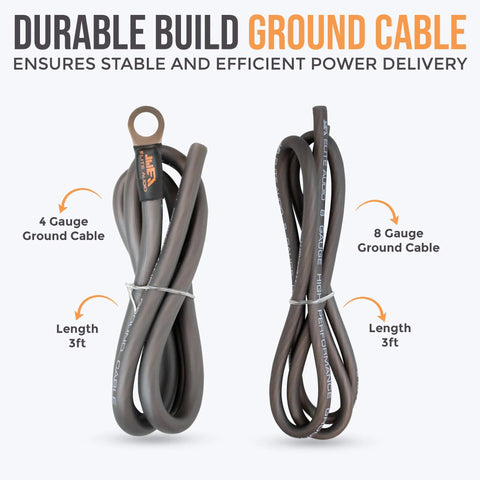 Two coiled ground cables, 4 gauge and 8 gauge, each 3 ft long, part of Beefy 1000W Car Amp Install Kit With 8 Gauge Power And Ground Wires Copper Clad Aluminum Triple Shielded RCA Cables And ANL Fuse Holder For Dual Amps Ready For Dual Amp Install.
