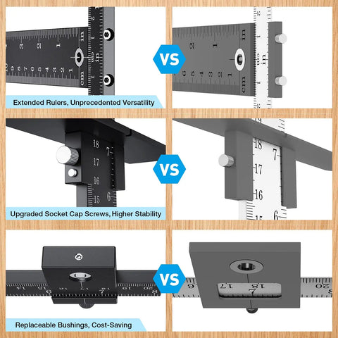 Comparison of features and versatility of Cabinet Hardware Jig For Precise Drill Alignment And Install Guide with adjustable rulers and bushings.