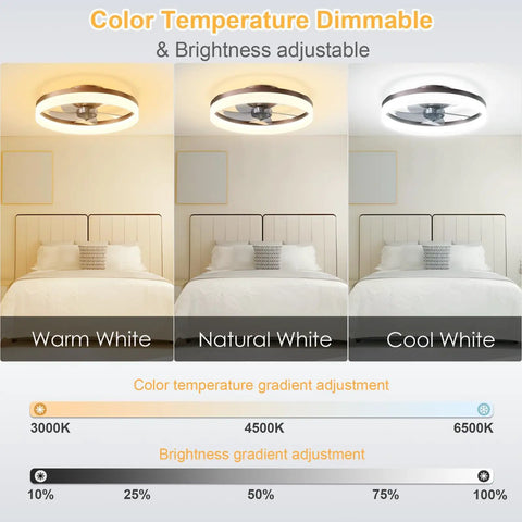 Low Profile Flush Mount Ceiling Fan With Light Remote And App Control Six Speed Reversible And Silent Motor Dimmable LED Lighting From 3000K To 6500K For Living Room Bedroom And Kitchen No Fuss Setup showing warm, natural, and cool white settings in bedroom