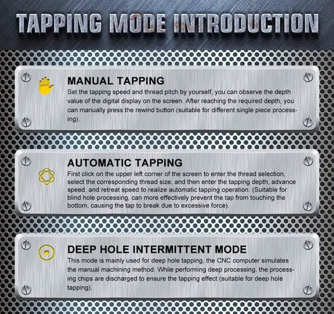 Top Shelf Electric Flexible Arm Tapping Machine Effortlessly Threads M12 Through M48 Fasteners In A Flash showing tapping mode instructions.