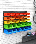 All In One Wall Mounted Storage Bins Kit For Tools And Hardware With Pegboard Organizer Rack And 30 Bins In Five Color Parts