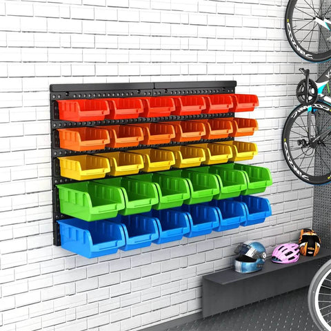 All In One Wall Mounted Storage Bins Kit For Tools And Hardware With Pegboard Organizer Rack And 30 Bins In Five Color Parts