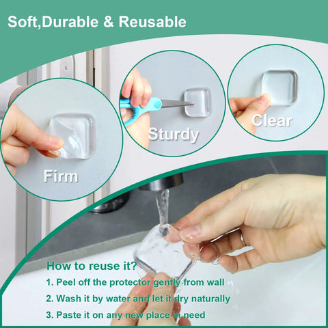 Instructions for using Self Adhesive Door Stopper Bumper Guards Keep Walls Scratch Free From Doorknob Dings, featuring clear gel pads.