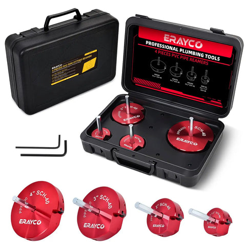 Four Piece PVC Pipe Reamer Kit For Home DIYers With Drill Adaptability Includes 1-1/2 Inch 2 Inch 3 Inch And 4 Inch Reamers Fits Standard 1/2 Inch Drills PVC Fitting Saver For SCH40 PVC CPVC And ABS Pipes in case