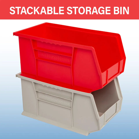Red and gray stackable storage bins illustrating Stackable Plastic Storage Bins For Garage Pantry And Craft Organization 12 Pack Blue