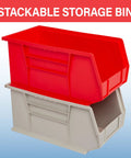 Red and gray stackable storage bins for home and workbench organization