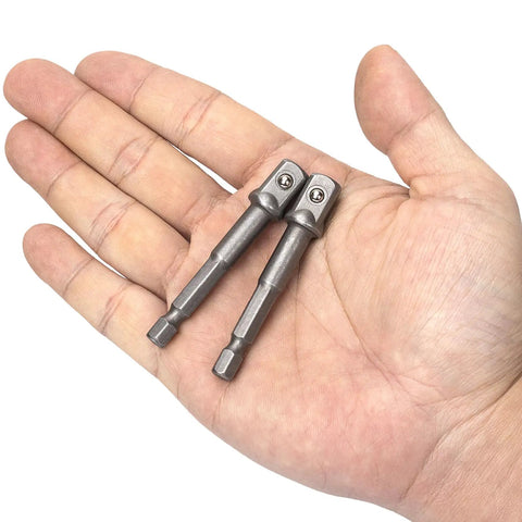 Hand holding Two Pack Three Eighths Inch Square Socket Adapter Bits Set For Hex Impact Driver Power Bits and Extension Socket Drivers