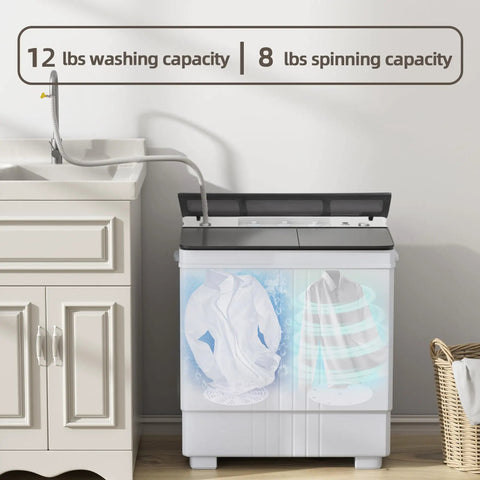 No Sweat Portable Twin Tub Washing Machine 20LB Mini Compact Laundry Set With 12LB Washer And 8LB Spin Dryer setup with water drain.