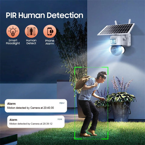 Solar Powered Security Camera With 360 Degree View And 3MP FHD Clarity, 15000mAh Battery, PIR Motion Sensor Flood Light detecting motion