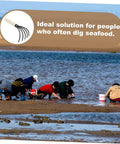 Group using 2 Pack Clam Rake With Handle For Beachside Digging Portable Seafood Tool near ocean, ideal for shellfishing.