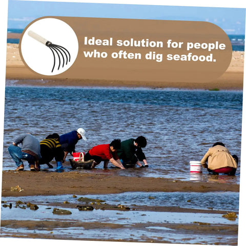 Group using 2 Pack Clam Rake With Handle For Beachside Digging Portable Seafood Tool near ocean, ideal for shellfishing.