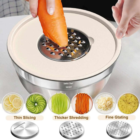 Eight Piece Khaki Stainless Steel Nesting Mixing Bowls With Airtight Lids And Three Grater Attachments For Slicing Grating And Shredding