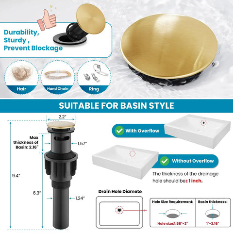 Diagram of pop-up drain with measurements and features shown for vintage 8 inch widespread bathroom faucet with 3 hole 2 lever handles
