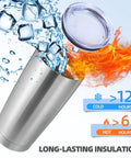 Top Shelf 20 Oz Stainless Steel Tumbler Bulk 12 Pack Double Wall Vacuum Insulated Travel Coffee Mug with splash proof lid and straw. Silver design with ice cold water and flames depicting insulation.