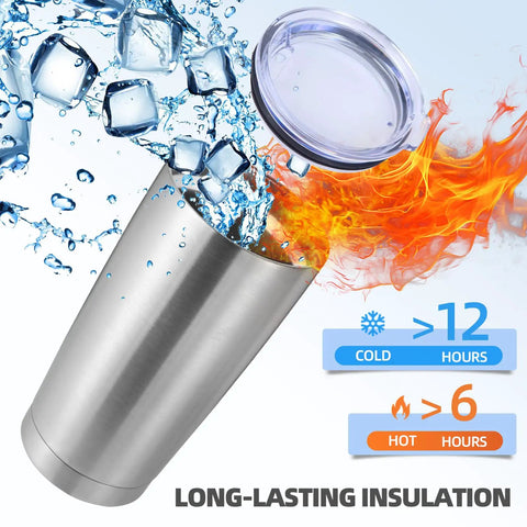 Top Shelf 20 Oz Stainless Steel Tumbler Bulk 12 Pack Double Wall Vacuum Insulated Travel Coffee Mug with splash proof lid and straw. Silver design with ice cold water and flames depicting insulation.