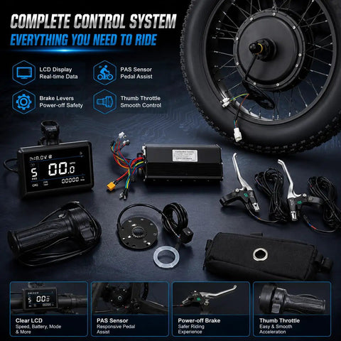 48V 1500W Electric Bicycle Conversion Kit For 20 Inch Rear Hub Wheel With PAS Sensor And LCD Display, components shown.