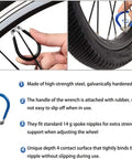 Close-up of spoke wrench from Spoke Tension Meter And Wrench Kit for Bikes 8 Piece Pro Wheel Repair Set with blue handle in use