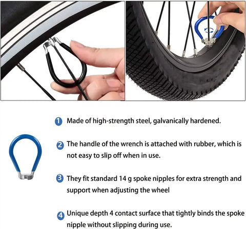 Close-up of spoke wrench from Spoke Tension Meter And Wrench Kit for Bikes 8 Piece Pro Wheel Repair Set with blue handle in use