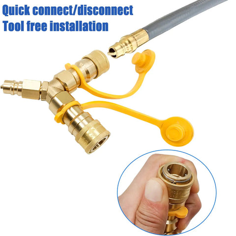 Brass Three Eighths Inch Natural Gas Y Splitter With Dual Outlets Low Pressure Quick Connect Disconnect Adapter