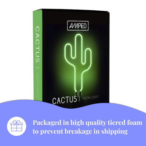 Packaging of the Green Neon Cactus Desk Light That Is Lit For Any Room showing protective packaging design.