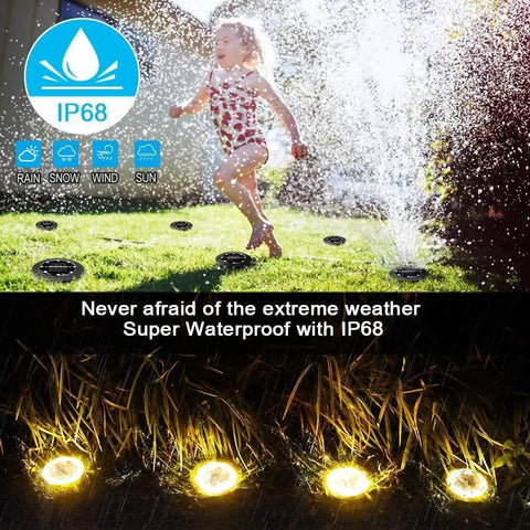 Warm White Solar Disk Lights Dope 12 Pack Outdoor LED Garden Pathway Lighting Waterproof For Landscape Patio Yard Walkway Lawn Driveway Easy Install And Low Maintenance shown in a garden with child playing in water, highlighting IP68 waterproof capability.