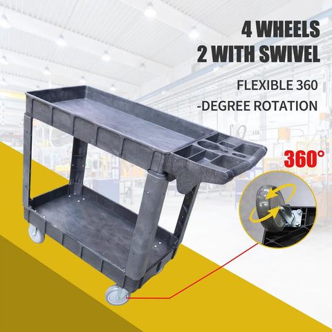 Heavy Duty Plastic Utility Cart With Dual Shelves Bearing Five Hundred Pounds Swishes Through Doorways On Four Silent Casters With Two Flex Swivel Wheels Making Warehouse Tasks A Total Breeze