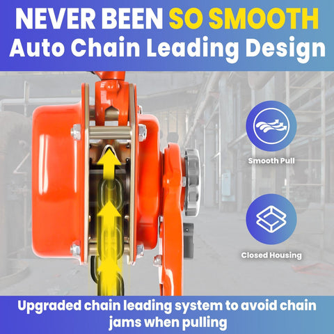 Beefy 6600 Lbs Capacity Lever Chain Hoist With 10 Ft Chain Come Along Double Pawl Brake and Auto Chain Lead side view