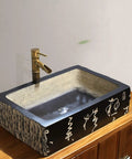 Kickstart Your Top Shelf Bathroom Refresh With This Retro Ceramic Vessel Sink Featuring Imitation Stone Finish And Including Faucet For Single Basin Above Counter Lavatory Vanity Setup. Black rectangular ceramic sink with golden faucet.