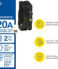 QO 20 Amp 2 Pole GFCI Circuit Breaker With Plug In Mount 120/240V, features displayed with Visi-Trip indicator and specs