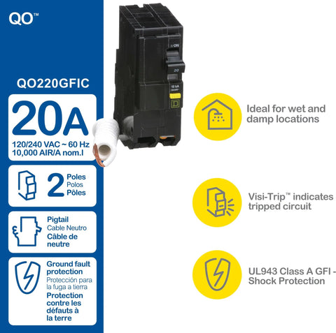 QO 20 Amp 2 Pole GFCI Circuit Breaker With Plug In Mount 120/240V, features displayed with Visi-Trip indicator and specs