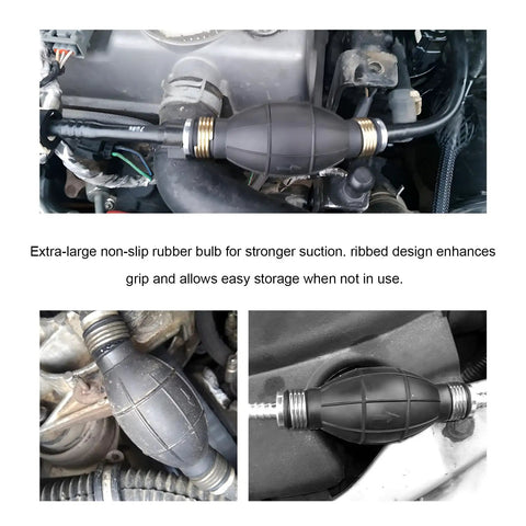 Heavy Duty Manual Fuel Transfer Pump With High Flow Rubber Bulb Primer and One Way Vacuum Line for cars, showing extra-large rubber bulb.