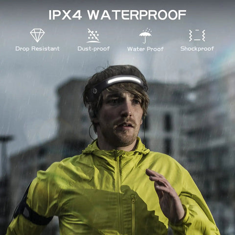 Runner in rain wearing Rechargeable LED Headlamp 2-Pack with Motion Sensor and Memory Function, Hands-Free Headlight