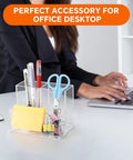 Clear Acrylic Desk Pen Holder With Three Independent Compartments on office desk with pens and scissors.
