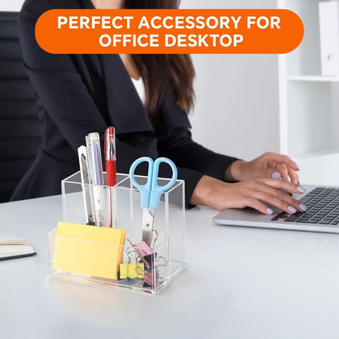 Clear Acrylic Desk Pen Holder With Three Independent Compartments on office desk with pens and scissors.