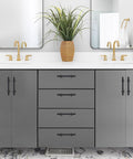 Matte Black Cabinet Pulls 30 Pack Stainless Steel 3 Inch Center To Center Drawer Handles installed on grey bathroom cabinets