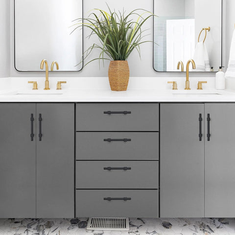 Matte Black Cabinet Pulls 30 Pack Stainless Steel 3 Inch Center To Center Drawer Handles installed on grey bathroom cabinets