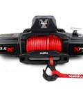 Heavy Duty 13500 Lb Electric Winch With Synthetic Rope Harness And Wireless Remote Control, red synthetic rope and hawse fairlead.