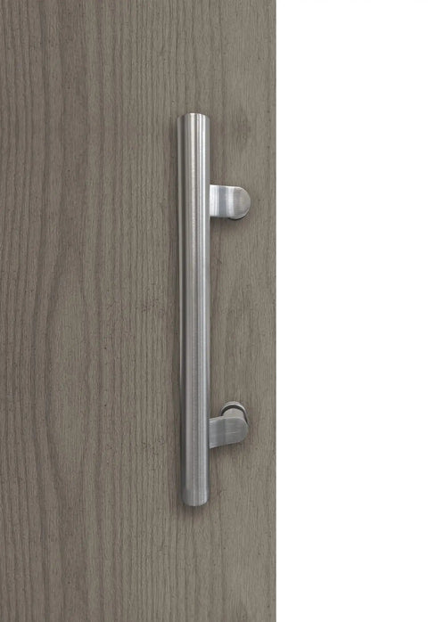 Post Mount Offset Double Sided Ladder Style Push Pull Door Handle 12 Inch Satin Stainless Steel on wood door interior view