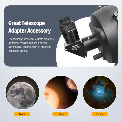 2 Inch SCT Adapter For Schmidt Cassegrain Telescopes With Side Clamp Lets You Rock 2 Inch Eyepieces Diagonals Barlow Lenses And Cameras By Converting SC Thread To Standard 2 Inch Fitting, telescope setup with lunar and celestial views.