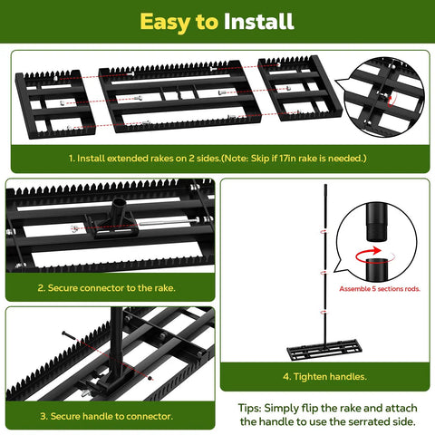 Assembly steps for the Two In One Lawn Leveling Rake With Dual Sided Design 32 By 10 Ground Plate And 78 Inch Adjustable Handle