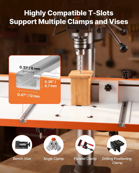 Rock Solid Drill Press Table With Adjustable Fence And Wide T Slots For Locking Down Projects Dead Nuts Precise MDF worktop with T-slots