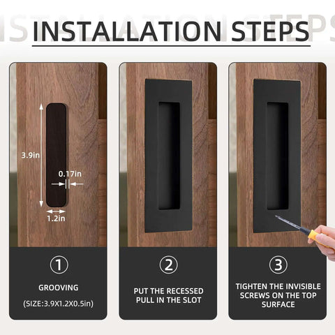 Installation steps for Oil Rubbed Bronze 4.72 Inch Recessed Finger Flush Door Pulls for pocket sliding closet and barn doors hardware