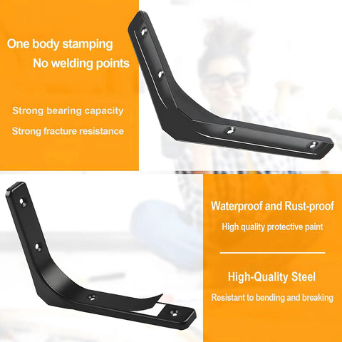 Rock Solid Metal Shelf Brackets Four Inch Square Design, heavy-duty steel L bracket, one body stamping, waterproof, 4x4 inches.