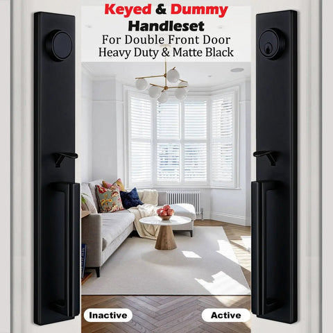 Matte Black Double Door Handleset With Adjustable Hole Position For Us Doors Fits Eight One Third To Nine Five Eighth Inch Bore Includes Keyed Entry And Dummy Handle Easy Install Durable Metal Construction shown on interior doors