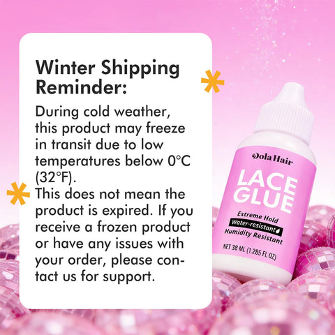 Extreme Hold Lace Wig Glue Waterproof Bonding Adhesive For Wigs With Clear Drying Formula next to winter shipping reminder text.