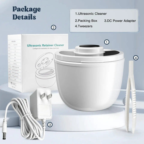 Dope High Frequency 45kHz Ultrasonic Jewelry Cleaner With 200Ml Tank, power adapter, box, and tweezers on display